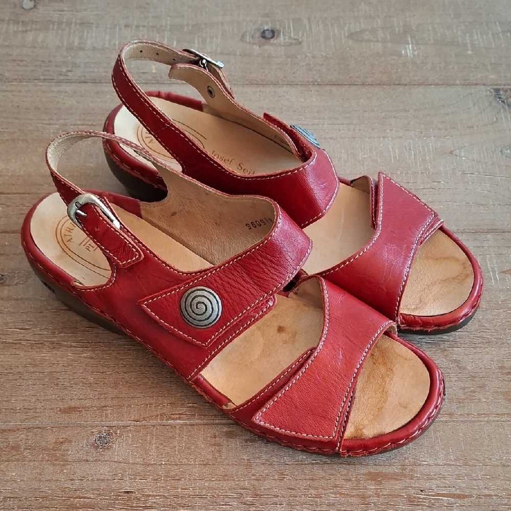 Josef Seibel Red Leather Slingback Sandals with Decorative Button (EU 42/US 11)